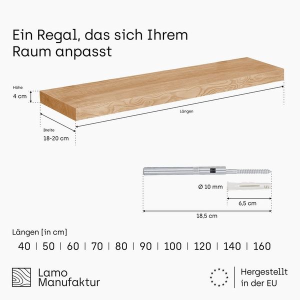 LAMO Manufaktur Wandregal Invisible mit Würth Dübel, Komplett-Set, 40mm stake Massivholzplatte