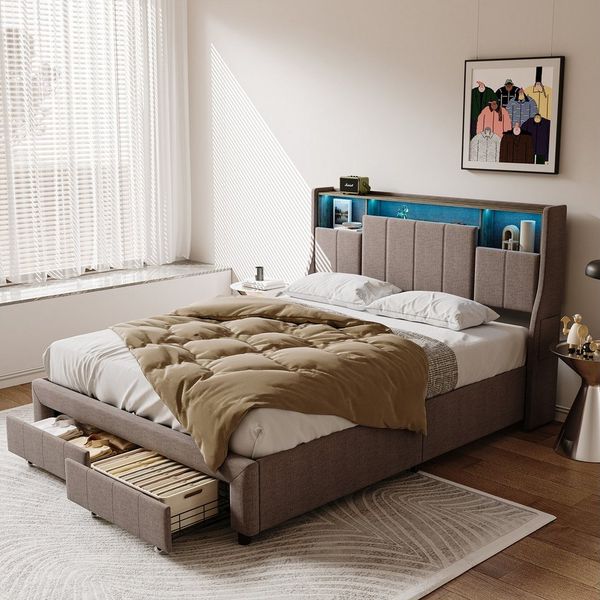 PXloue Polsterbett LED Doppelbett Stauraumbett, Ladefunktion, Lattnenrost, 2 Schubladen, Leinen, 160x200 cm