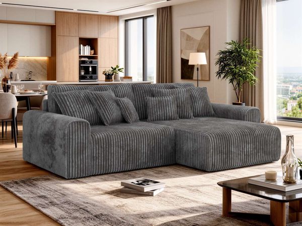 Ecksofa mit Schlaffunktion ELARA L, freistehend Eckcouch, DL-System, L-Form, Wellenfederung, modernes Design - Grau Cord