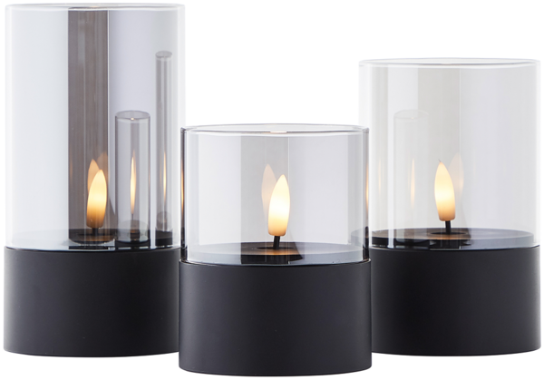 Brilliant Bougie LED-Kerzen 3er-Set - schwarz/geräuchertes Glas, warmweiß flackernd, 10 cm,12,5 cm,15 cm, batteriebetrieben, Dekoration für drinnen & draußen