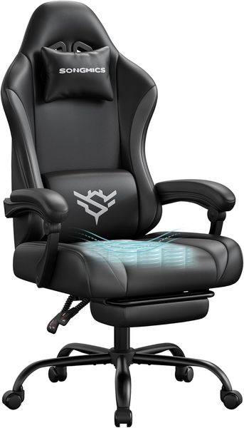 SONGMICS Gaming Stuhl, Ergonomischer PC Bürostuhl aus PU-Leder mit Fußstütze und 135° Neigung, 70 x 70 x 120-130 cm, Schwarz