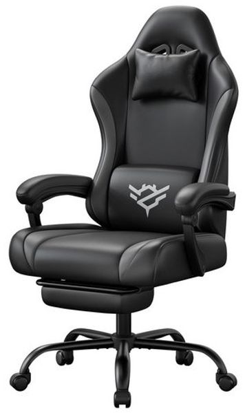 SONGMICS Gaming Stuhl, Ergonomischer PC Stuhl aus PU-Leder mit Fußstütze und 135° Neigung, 70 x 70 x 120-130 cm, Schwarz