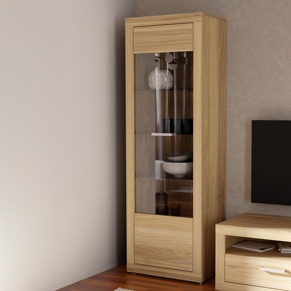 Forte BACCIO Vitrine 60 70, Moderne Wohnzimmervitrine, 1-türig, Glasfront, Holzwerkstoff, Mauvella Eiche Holzdekor, 63,4 cm breit x 190,7 cm hoch x 41 cm tief