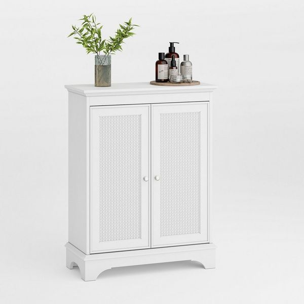REDOM Badkommode Badkommode Badezimmerschrank (mit Korbtür – Weißer Stauraumschrank mit verstellbarem Regal, ideal für Bad, Küche und Wohnzimmer, hochwertiges Design mit Rattanelementen)