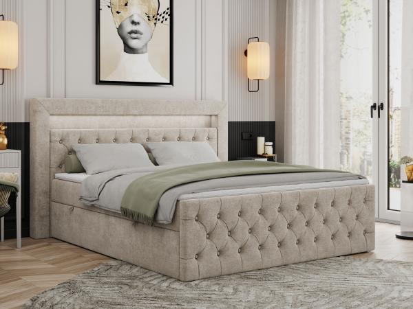 Boxspringbett, Stauraumbett mit Bettkasten, LED - GOLD-9 - 140x200 cm - Beige Stoff - H3