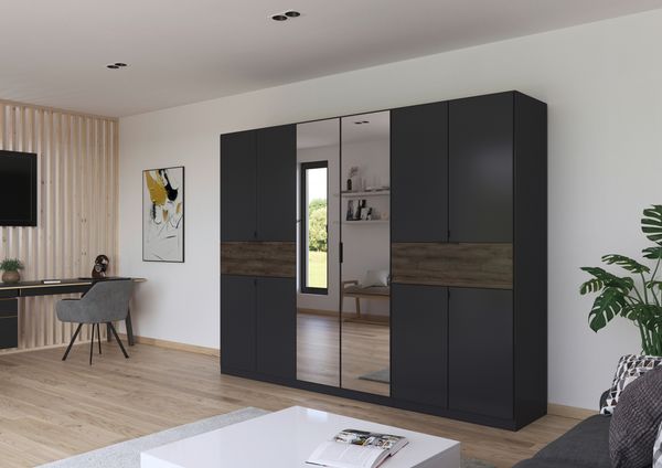 rauch Kleiderschrank, Drehtürenschrank TICAO, 10-türig, 2 Spiegeltüren, 2 Schubkästen, inkl. Türdämpferset, Grau metallic/Atlantik Oak dunkel, 271 x 210 x 54 cm