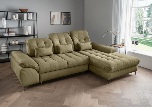 Polsterecke >Devland< Schlaffunktion, Kopfteilverstellung, Cord olive - 273x105x189cm BxHxT