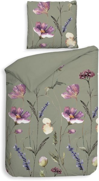 Heckett & Lane Flanell Bettwäsche 135x200 Vico Green Wiesenblumen beere khaki