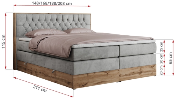 Boxspringbett AMORE KING, Doppelbett mit Multipocket-Matratze, Polsterbett mit Kopfstütze - 180 x 200 cm - Hellgrau Velvet - H4 Bild 5