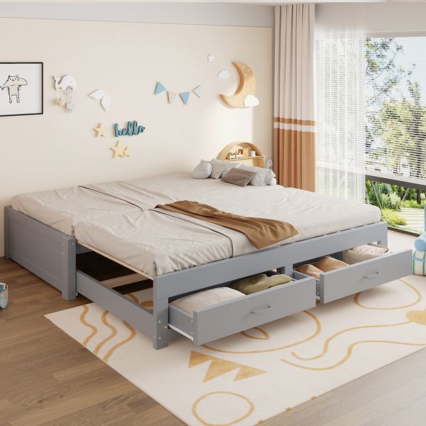 Ausziehbares Schlafsofa Aus Holz, 90/180x190 cm, Mit Zwei Schubladen, Ohne Armlehnen und Rückenlehne, Multifunktionales Gästebett Mit Lattenrost, Grau