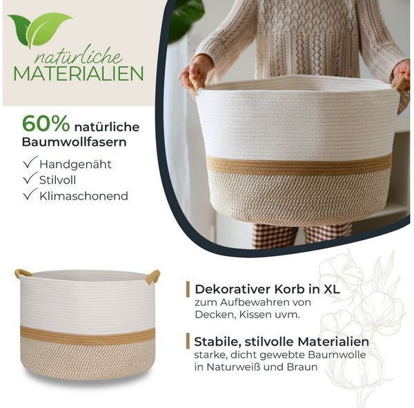 HMF Aufbewahrungskorb Aufbewahrungskorb mit verstärkten Griffen, großer Korb aus Baumwolle, 50 x 33 cm, Weiß-Braun