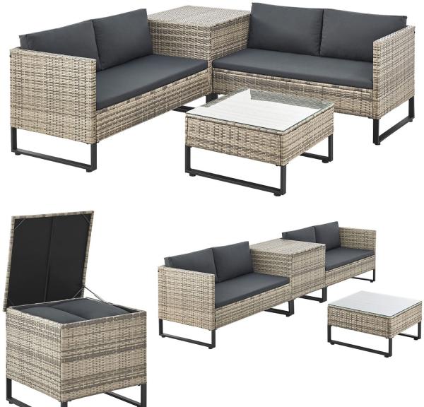 Juskys Outdoor Polyrattan Lounge Santorini - Gartenlounge mit Beistelltisch & Auflagenbox - Gartenmöbel Set Rattan Sitzecke wetterfest - Grau-meliert