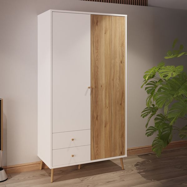 Forte HARLLSON Kleiderschrank 100 110, EasyKlix by FORTE, 2 Türen, 2 Schubladen, Skandinavischer Stil, Holzwerkstoff, Weiß / Mauvella Eiche Holzekor, 105 cm breit x 202 cm hoch x 52 cm tief