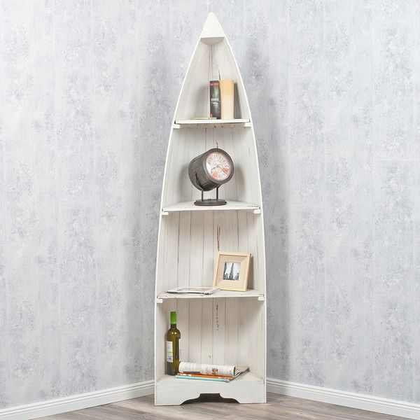 Massivholz Bootsregal BALI ca. 200cm Dekoregal Antique White Bücherregal Eckregal