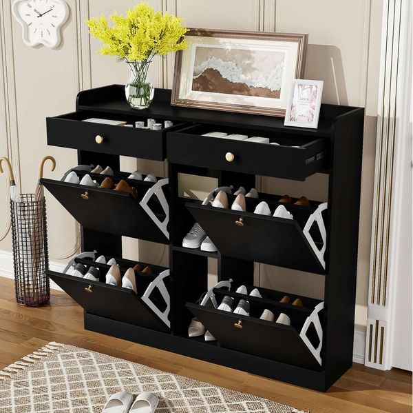 BlingBin Schuhschrank Edler Schuhschrank mit 4 Klapptüren, 2 Schubladen, 3 offenen Fächern (1er Set, 1-St, 110 x 26 x 100 cm) perfekt für moderne Flure und Eingangsbereiche