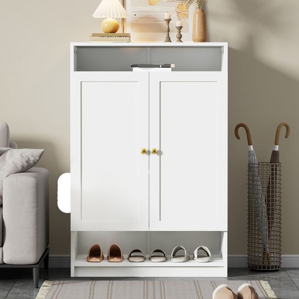 Moderner Schuhschrank Weiß mit höhenverstellbaren Einlegeböden Aufbewahrungsschrank für Flur mit Melaminharz Oberfläche Schuhregal 73 cm Breite Kippsicherung multifunktionaler Stauraum für Schuhe und Accessoires, 109cmx34cmx73cm, Weiß