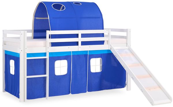 Homestyle4u Spielbett mit Tunnel und Rutsche, Blau, Kiefernholz blau / weiß, 90x200 cm