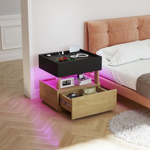 Flieks Nachttisch 50 x 40 x 50 cm mit LED-Beleuchtung & USB-Anschlüssen, Beistelltisch mit 2 Schubladen, Schwarz/Naturholz