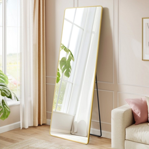 SONGMICS Ganzkörperspiegel, 150 x 40 cm, rechteckiger Standspiegel, Rahmen aus Aluminiumlegierung, Hartglas, für Schlafzimmer, Wohnzimmer, Garderobe, blassold