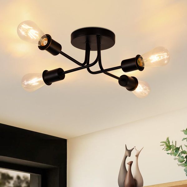 ZMH Deckenleuchte Vintage Deckenlampe Schwarz - Retro 4 Flammig Wohnzimmerlampe Industrie E27 für Wohnzimmer Schlafzimmer Esszimmer Rustikaler Stil ohne Leuchtmittel