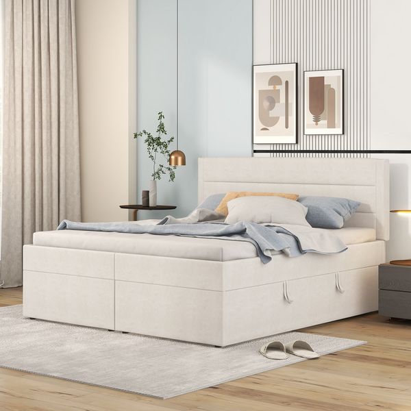 Polsterbett mit Bettkasten 140x200 cm, Doppelbett mit Lattenrost und Metallrahmen, großer Stauraum,Beige