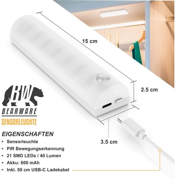 BEARWARE Smarte LED-Leuchte Sensorlicht mit Bewegungsmelder, PIR Sensor, 4 Lichtfarben, Nachtlicht, Farbwechsel, Ein-/Ausschalter, LED fest integriert, Kaltweiß, 2× Warmweiß, Neutralweiß, Flexible Anbringung mit Magnetstreifen, 40 Lumen, 3m Reichweite