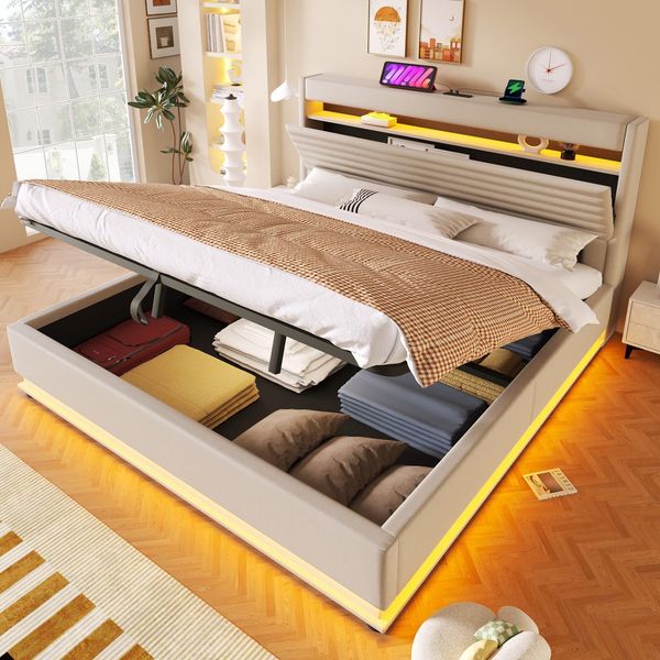 Polsterbett mit LED-Streifen, Stauraum, Schrank, USB und Type-C, 180x200 cm, gepolsterter Kopfteil mit Schrank, Einzelbett, Stauraumbett, Leinen