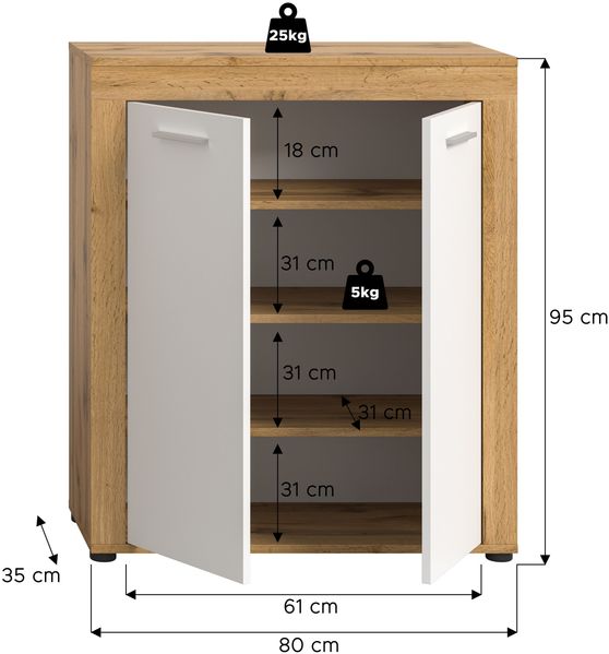 xonox. home Garderobe Jam X8BK6603 Schuhschrank Garderobenschrank Schrank in Wotan Eiche Nb, weiß. ca. 80 x 95 x 35 cm Bild 4