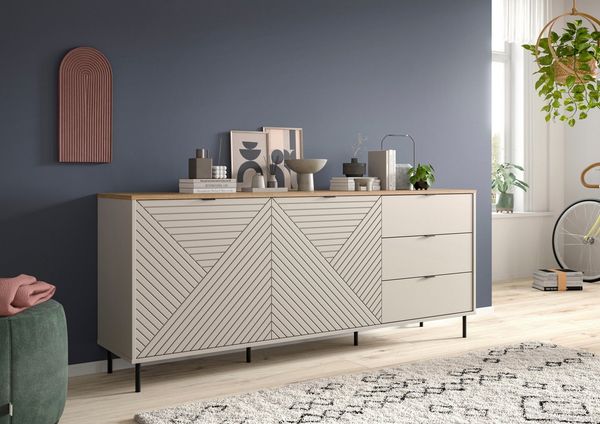 Home affaire Sideboard RAITA, Breite 184 cm, Front mit Desgin-Fräsung, 2 Türen, viel Stauraum (moderne Farbkombi, individuell einsetzbar, Griffe & Füße aus Metall), Kommode, Anrichte, Schrank, Highboard, TV-Board