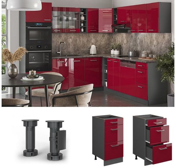 Küchenunterschrank R-Line Rot Hochglanz 40 cm mit Schubladen, ohne Arbeitsplatte Vicco Bild 2