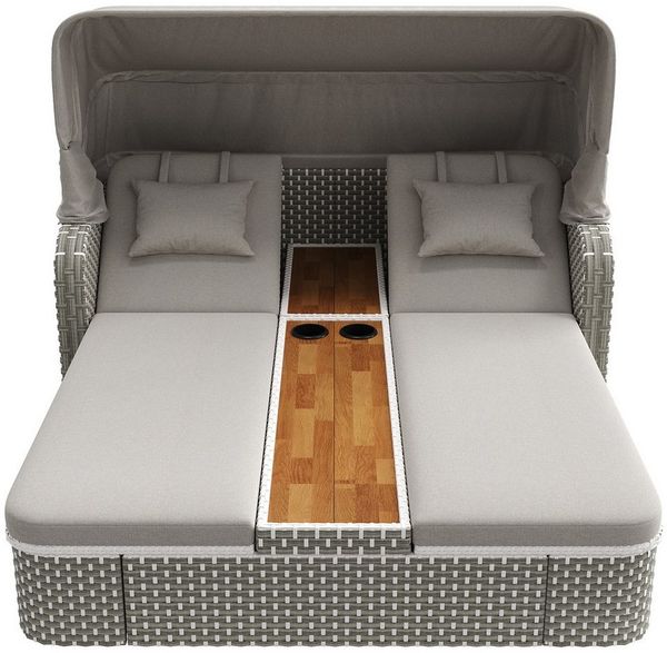Merax Gartenlounge-Set Polyrattan Sonneninsel, (Wetterfest Für Terrasse Und Balkon, 1-tlg, Relaxsessel aus Akazienholz & PE-Rattan), 2-Sitzer Gartenliege mit verstellbarer Rückenlehne & Getränkehalter