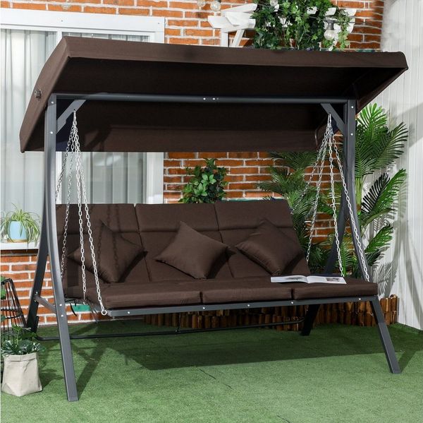 Outsunny Hollywoodschaukel Gartenschaukel mit Sonnendach, 3-Sitzer, Verstellbares Dach, Schaukelbank, 1 tlg, Schaukelstuhl, für Garten, Balkon, Braun