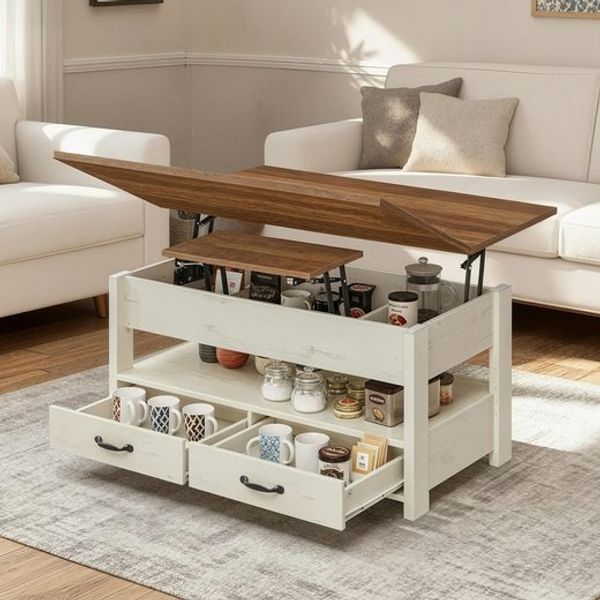 VASAGLE Couchtisch, Wohnzimmertisch, Gaszylinder, höhenverstellbar, viel Stauraum, Kaffeetisch, für Wohnzimmer, braun-weiß