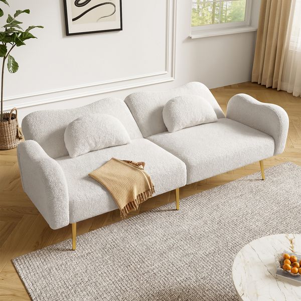 Merax Zweisitzer-Sofabett, Zweisitzersofa mit verstellbarer Rückenlehne + vergoldeten Metallfüßen, integrierter Bettfunktion, Weiß