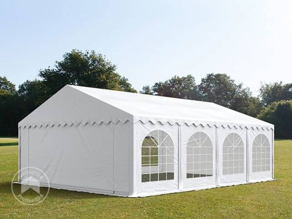TOOLPORT Festzelt Partyzelt 6x8 m feuersicher PREMIUM, hochwertige PVC Plane 750 N in weiß 100% wasserdicht mit Bodenrahmen