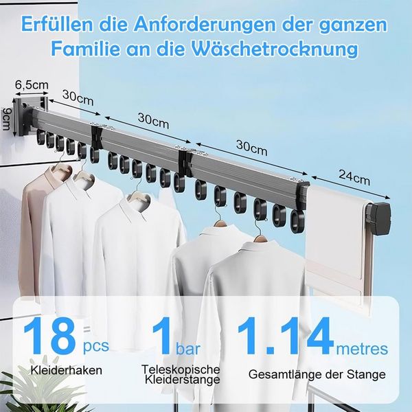 TUWENA Wandwäschetrockner Kleiderständer Wandmontage 120cm, Klappbar Wäscheständer mit 18 Haken, Ausziehbar Kleiderstange, Aluminium, Platzsparend 3-Fach Faltbar