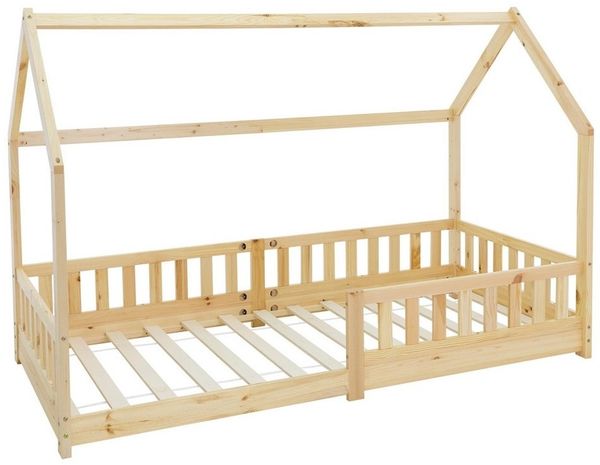 ML-DESIGN Kinderbett Hausbett Spielbett inkl. Lattenrost kreativ Bodenbett für Kinder, Abenteuerbett mit Rausfallschutz Spielbett Kiefer Natur Himmelbett
