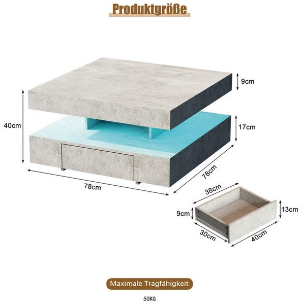 radelldar Couchtisch mit LED-Beleuchtung, 2 Schubladen und verdecktem Stauraum (1-St), Wohnzimmertisch matt 78x78x40 cm