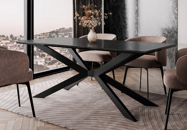Home Collective Esstisch Tisch Küchentisch Esszimmertisch bis zu 8 Personen (Esszimmer Küche Wohnzimmer Esstisch), modernes Design mit Kreuzgestell Metall 190x90 cm Schwarz Marmor-Optik