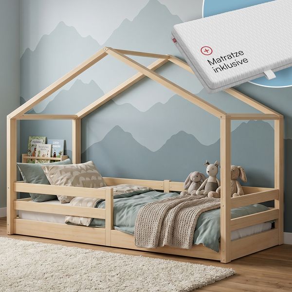 Bellabino 'Abia' Hausbett 90x200 cm mit Matratze, natur, Kiefer Massivholz, Bodenbett in Hausoptik, Montessori Kinderbett mit Rausfallschutz und Lattenrost