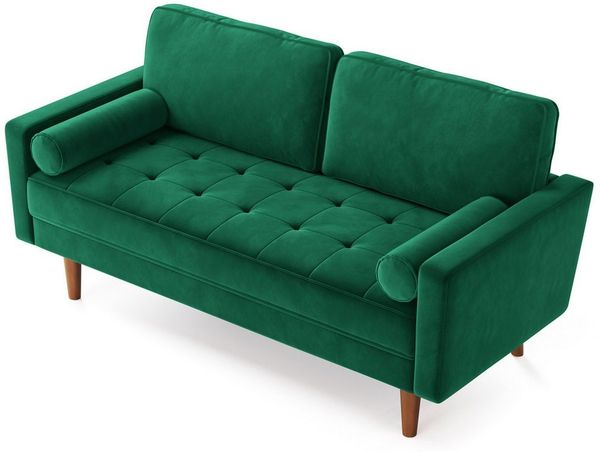OUNUO Sofa 121cm Kleines Loveseat Sofa Couch aus Samt und Leinen mit 2 Zierkissen