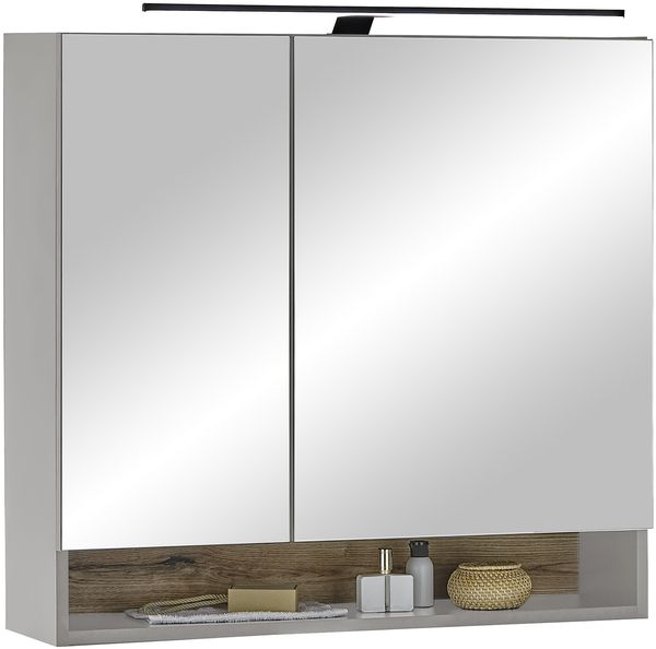 Badezimmerspiegelschrank >Denver< LED, Steckdose, grau matt / evoke eiche Dekor - 80x75x22 (BxHxT)