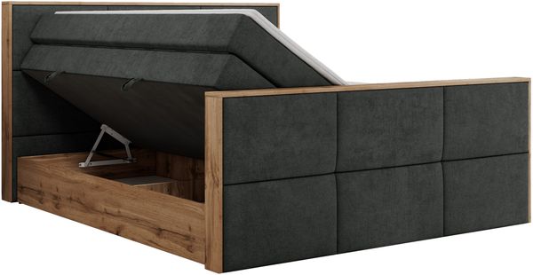 Doppelbett, Boxspringbett mit zwei Multipocket-Matratzen und ein Topper, Bettkästen, Eiche Wotan Holzrahmen, genähtes Kopfteil und Front - ALBERO 2 KING DUO - 200 x 200 cm - Dunkelgrau Stoff - H4 Bild 5