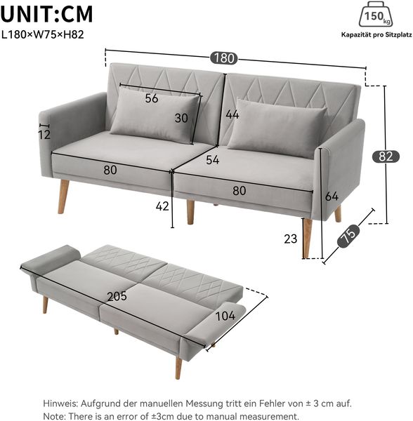 Schlafsofa Sitzfläche 160x54 cm, Gesamt 180x75x82 cm, Samt Grau, verstellbare Rückenlehnen 108/135/180° Bild 4