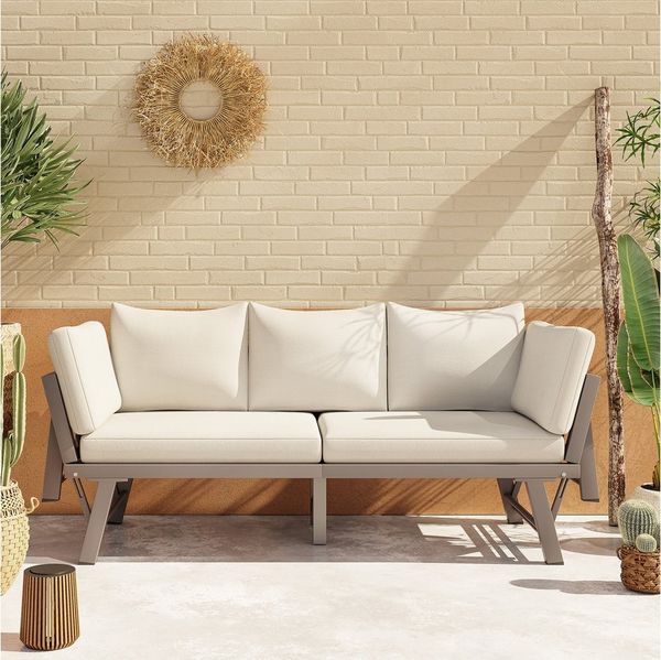 HAUSS SPOLE Gartensofa mit Liegefunktion,Dreisitzer Outdoorsofa mit klappbaren Armlehne,Beige, Gartenliege für Garten, Terrasse, Balkon, Verstellbare Armlehnen mit multifunktionalem Design