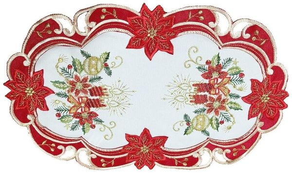 Westernlifestyle Tischläufer Weihnachtsdecke Rot Weiß bestickt mit Kerzen Weihnachtskugeln