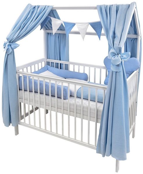 Baby-Delux Komplettbett Hausbett Babybett Komplettset Waffelpique Musselin, 12-tlg, Kinderbett 60x120 cm weiß, Bettset verschiedene Designs