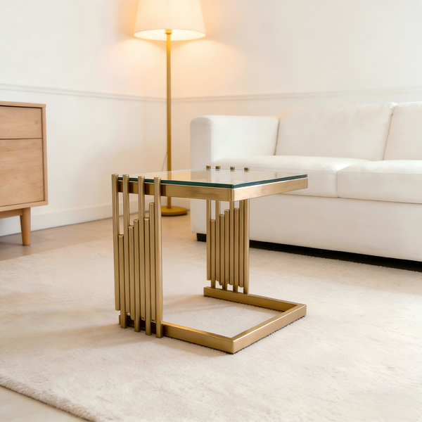 Beistelltisch H 46 x T 41 x B 41 cm quadratisch, klares gehärtetes Glas, Edelstahlrahmen in Gold mit Spiegel-Finish