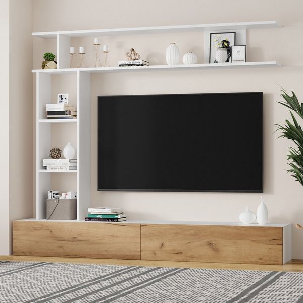 Merax Wohnwand in Weiß & Holz, (3-St), Wohnwand-Set mit TV-Board, Wandregal & Standregal, Mediawand