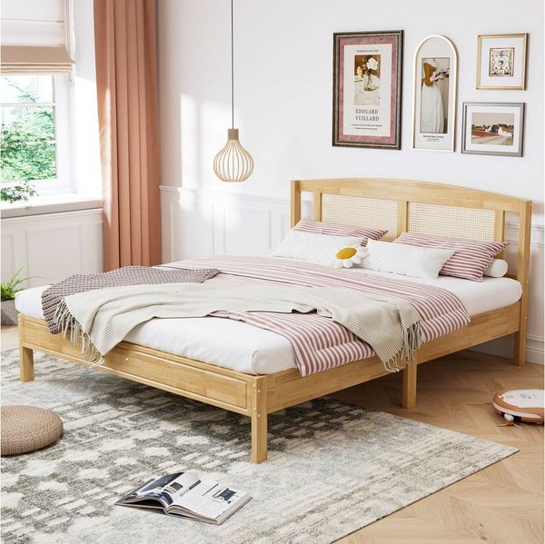 Flieks Massivholzbett, Doppelbett 160x200cm mit Rattannetz Kopfteil
